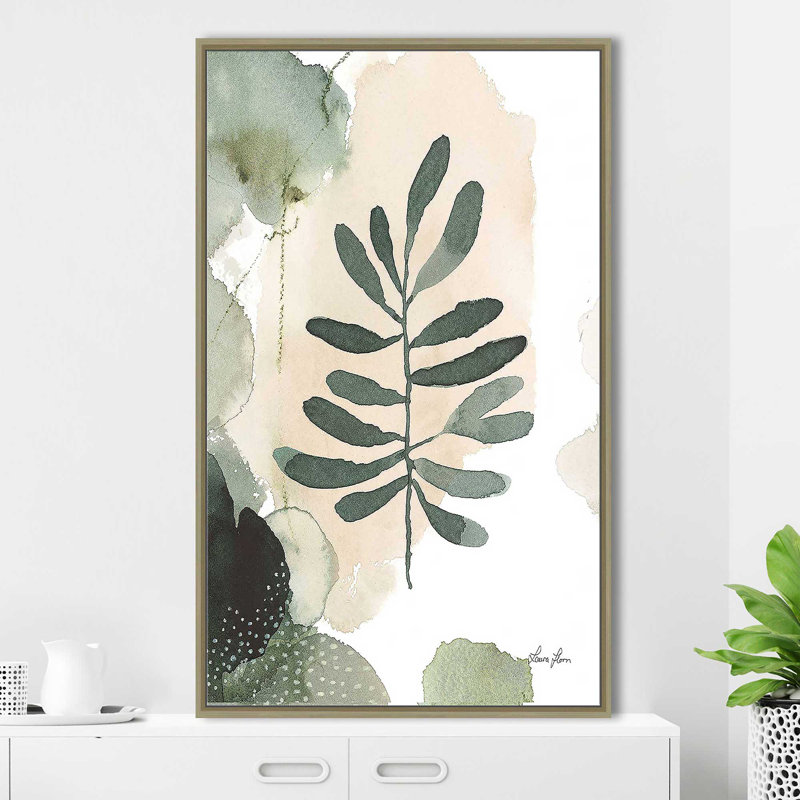 «Sage Bliss III» par Laura Horn - Peinture, H 63,5 po x l 39,5 po x P 2 po, Cadre flottant champagne