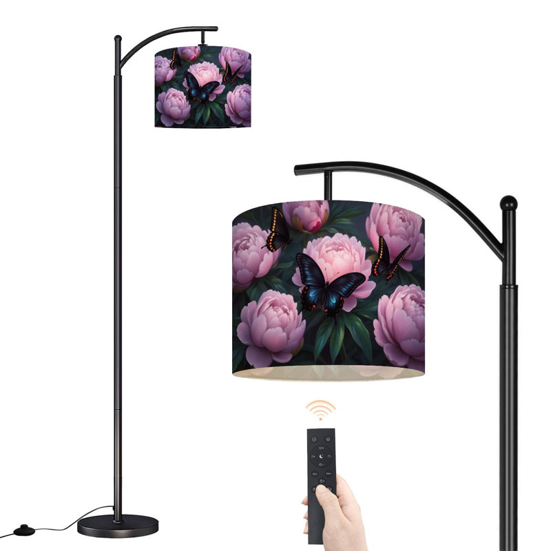 Lampe sur pied à arc de jardin avec onde papillon et scène de pivoine foncée avec télécommande et abat-jour à DEL