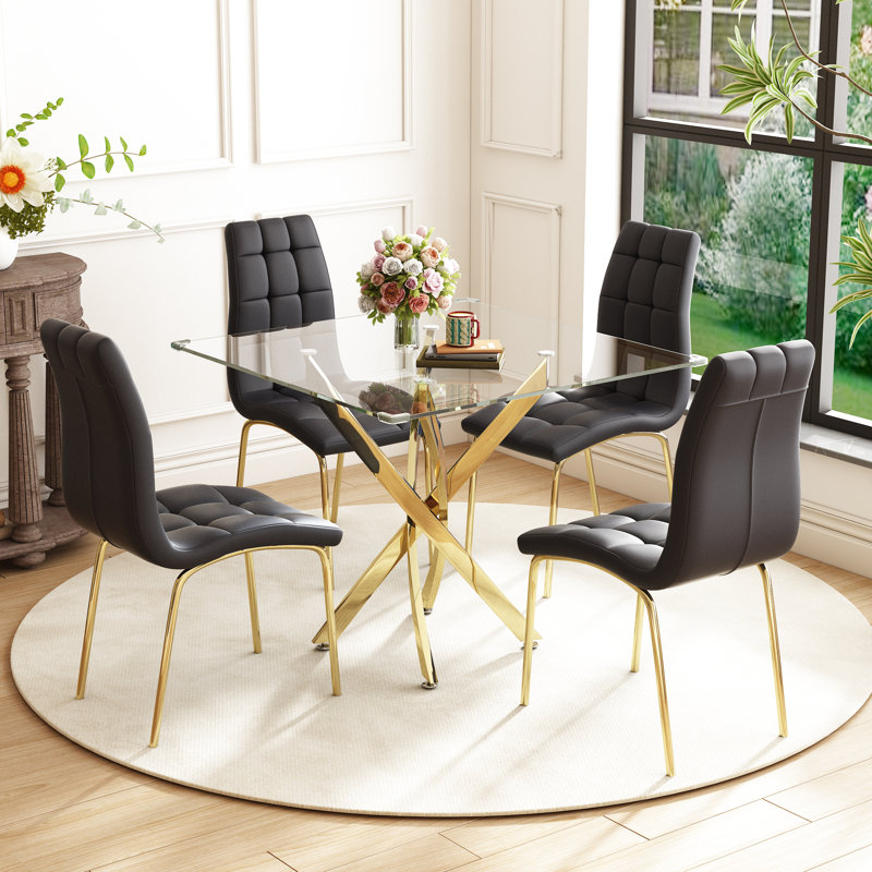 5 - Piece Pedestal Dining Set, Gold, Black/Gold