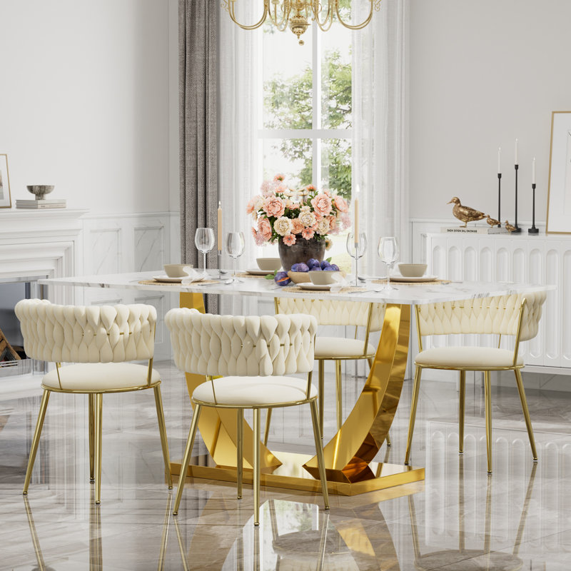 Ensemble de salle à manger à piédestal rectangulaire avec chaise de salle à manger en velours Modern Weaven, Table, 4 chaises