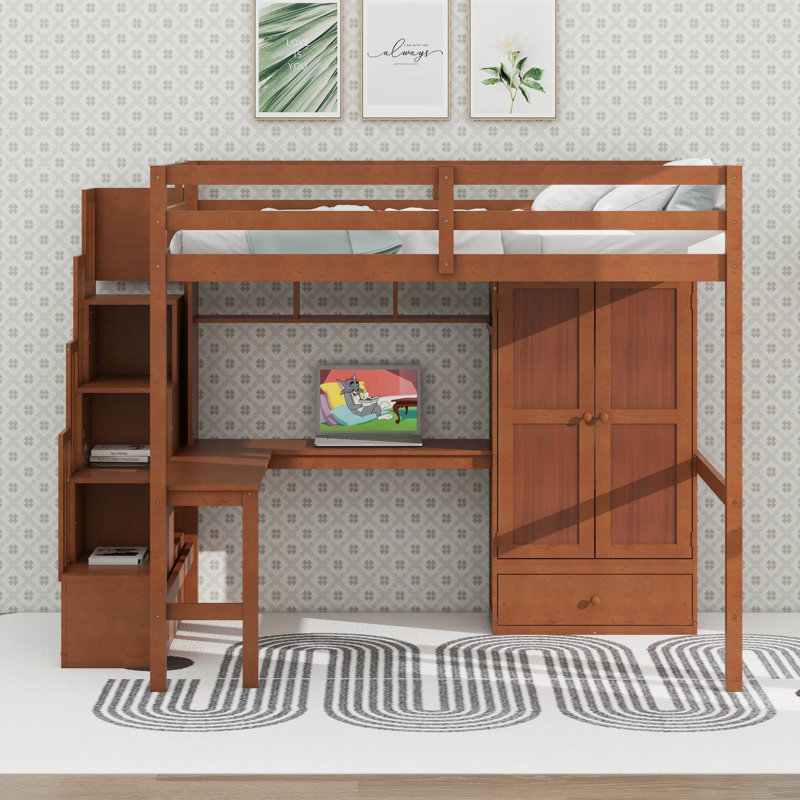 Full Size Loft Bed With Desk And Staircase, Wood High Loft Bed With Charging Station, Bookcase, Wardrobe, Doors And Drawers