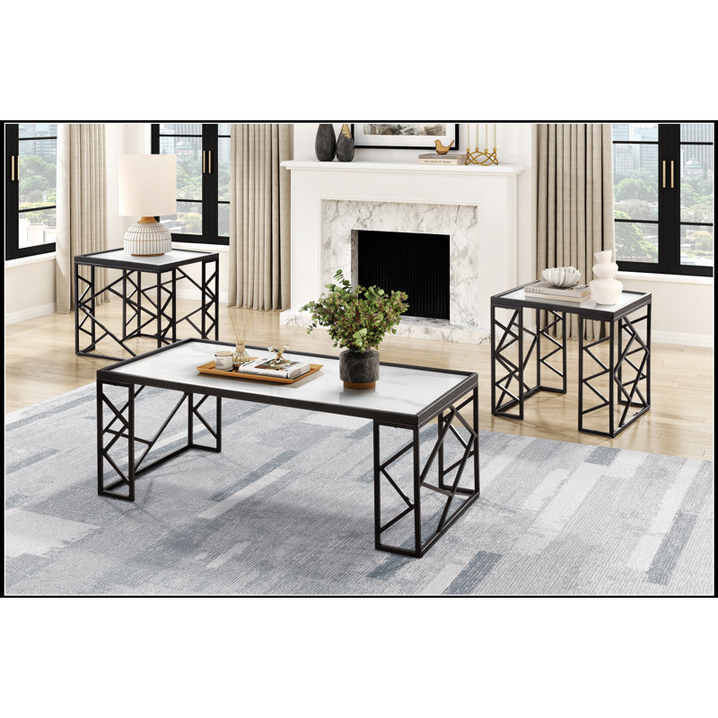 Ensemble de tables d'appoint 3 pièces avec plateau en verre trempé et structure en métal noir, parfait pour les meubles de salon modernes