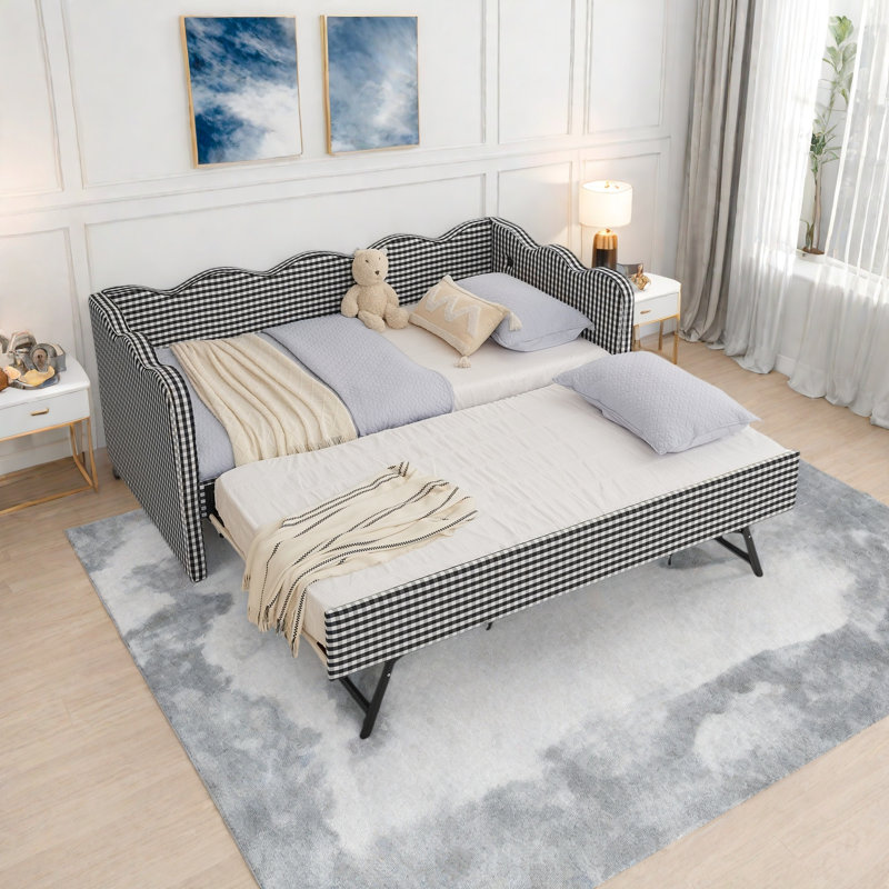 Lit de jour confortable avec couchette, port USB et adorable forme de vague, Noir