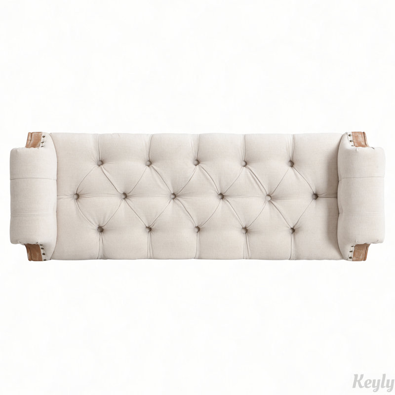 Banc capitonné de style milieu du siècle avec accoudoirs arrondis et pieds en bois massif, Beige, Beige