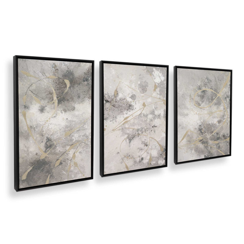 30 "x 20" Gilded Whispers, ensemble de 3 impressions sur toile dans un cadre en chrome poli, Cadre noir satiné