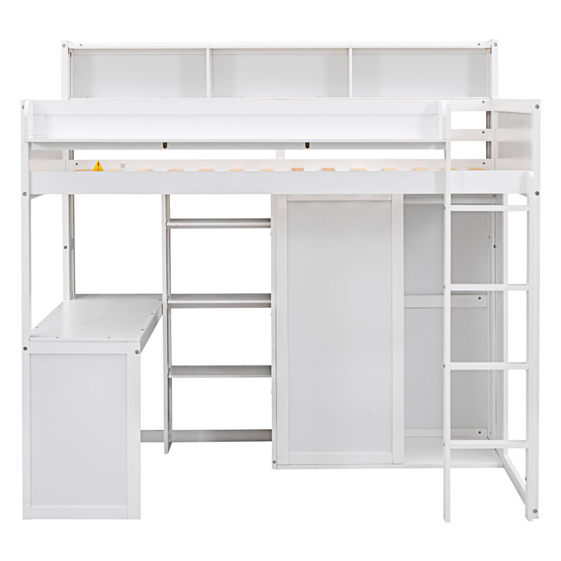 Lit mezzanine en bois avec plusieurs tablettes de rangement et garde-robe, Blanc