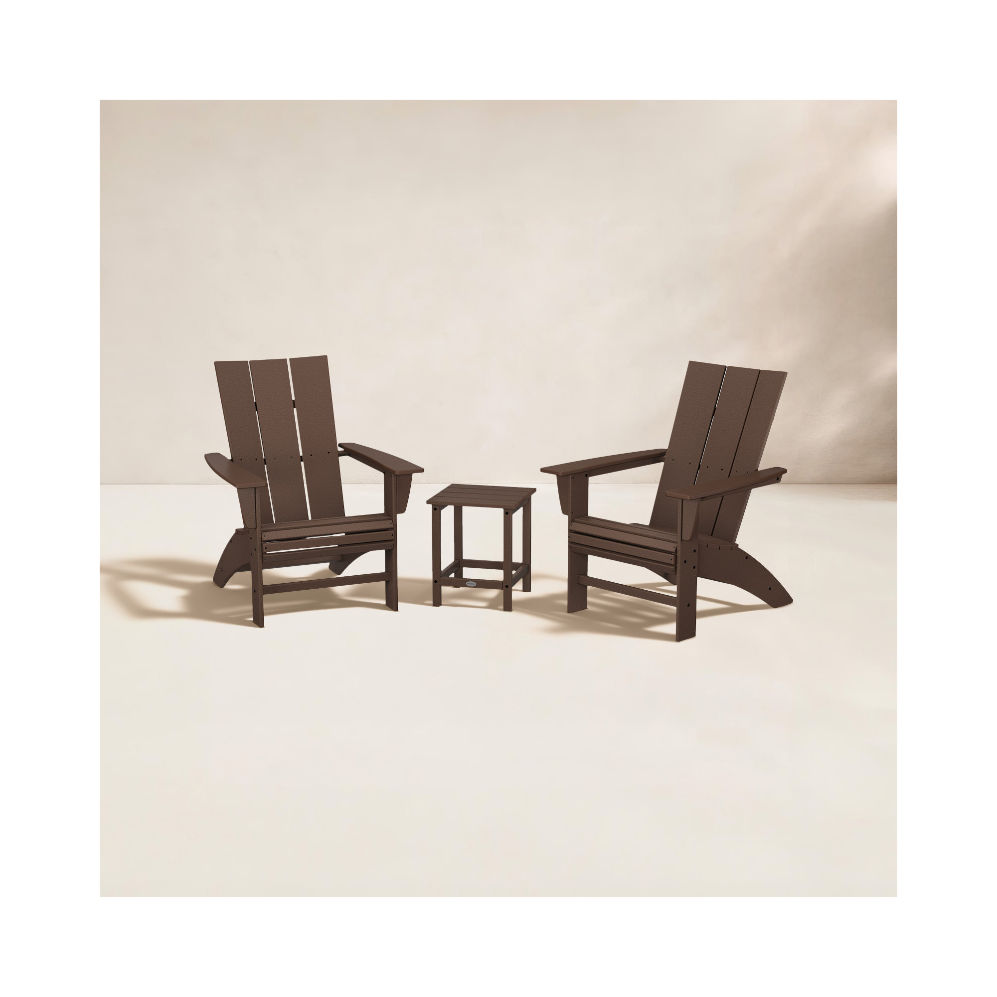 Modern Curveback Plastic Adirondack Chairs with Table, Mahogany