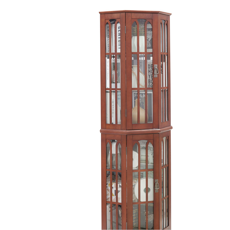 Vitrine de coin avec 4 tablettes réglables en verre trempé et système d'éclairage, pieds en bois massif, panneau arrière en miroir en acrylique (ampoule E26 non incluse)