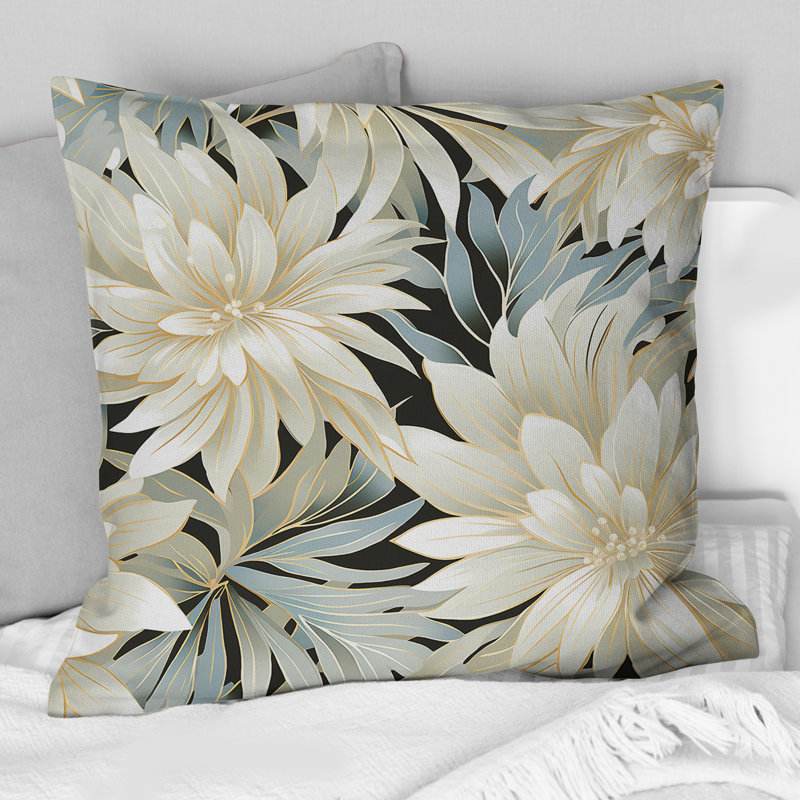 Coussin décoratif à motif floral exotique gris et blanc, H 16 po x l 16 po