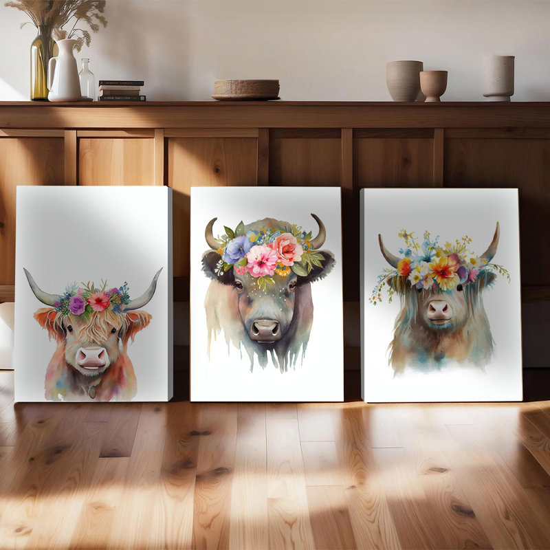 Ensemble de 3 affiches murales encadrées, aquarelles de vaches, impressions sur toile de vaches des Highlands avec couronne de fleurs, décoration bohème champêtre pour salon, chambre d'enfant, jolies illustrations de vaches pour la décoration intérieure, affiches peintes