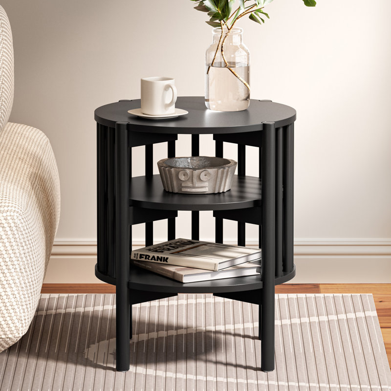 End Table With 3-tier Storage Shelves, Black