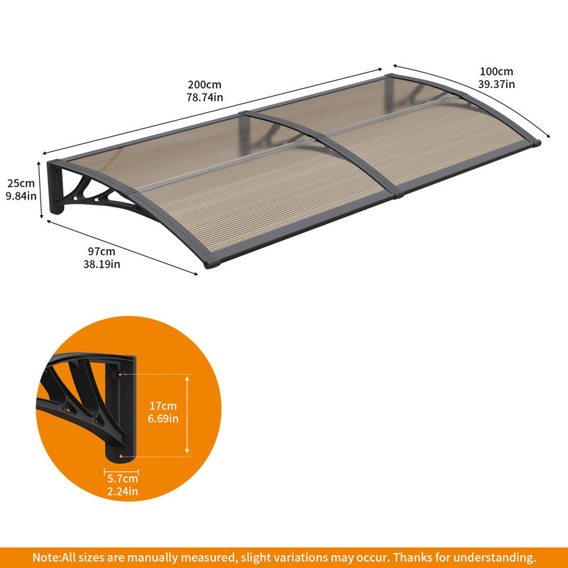 GUANSU-CN Polycarbonate Cover Retractable Door / Window Awning, 100x200 cm, Brown/Black