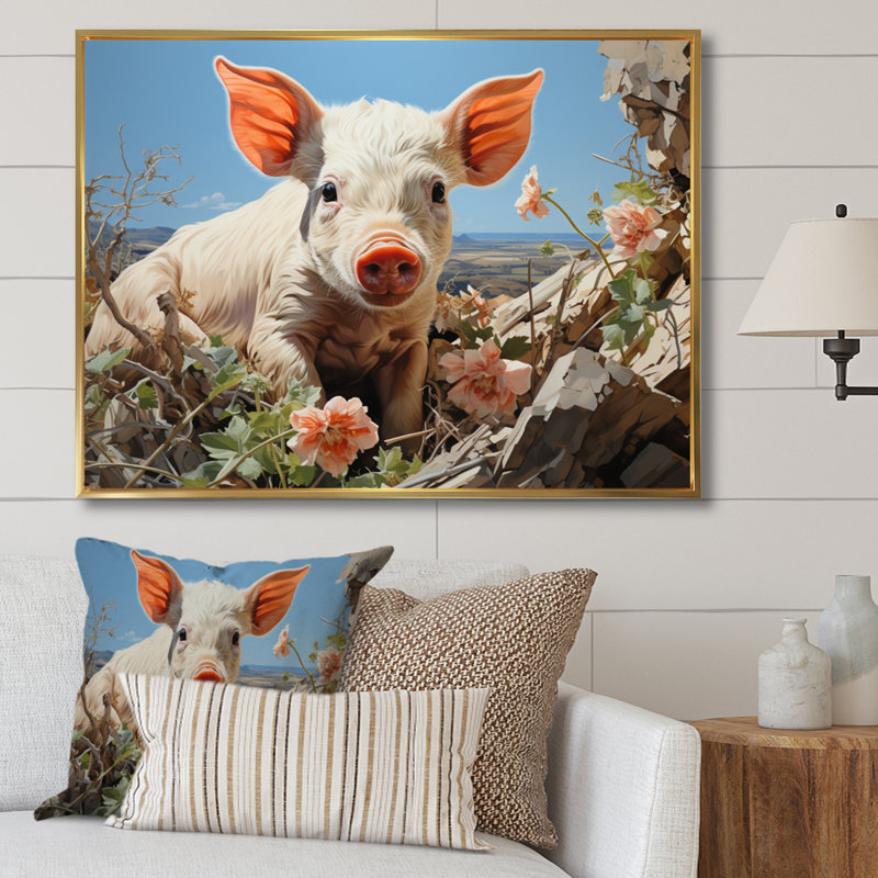 «Pink Curious Piglet Pastoral», reproduction d'art sur toile, 24" H x 32" W, Cadre flottant doré