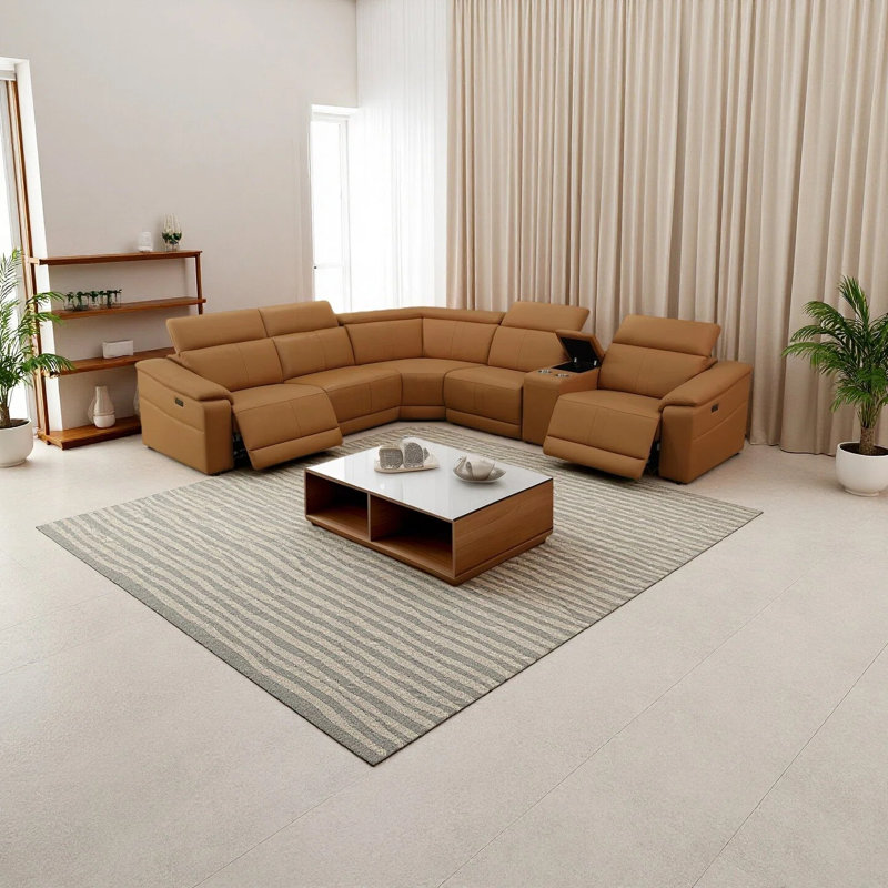 Ensemble de canapé inclinable de salon en cuir brun clair 6 pièces