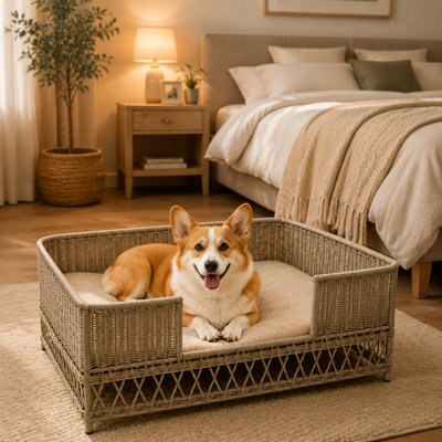 Lit pour chat et chien en osier tissé à la main avec rebord surélevé, canapé confortable en rotin