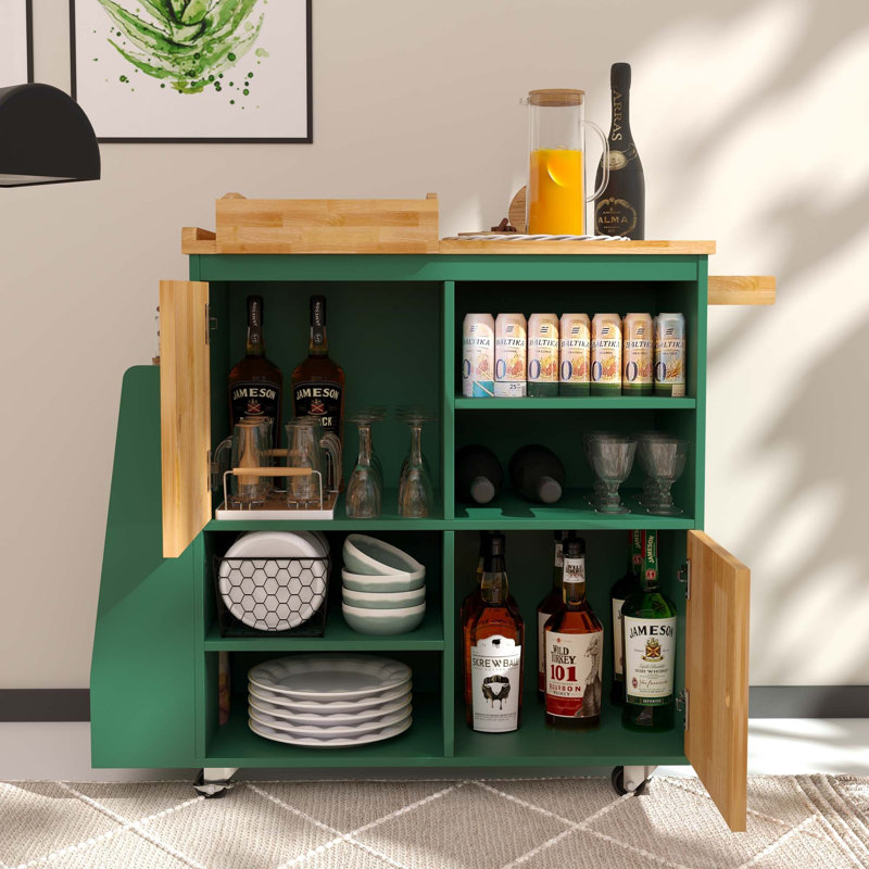 Chariot pour îlot de cuisine, bar de cuisine et chariot de service sur roulettes avec support à épices, Vert antique