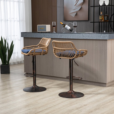 Of 2 Adjustable Height Bar Stools, Blue Linen With Footrest For Stylish Dining Room Kitchen Comfortable Seating
