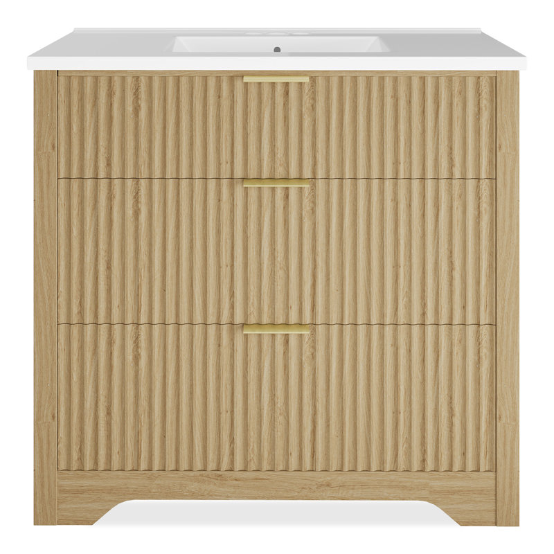 36" Fluted Bathroom Vanity with Sink, Freestanding Bathroom Vanity Cabinet with 2 Drawers & Flip-Down Drawer, Modern Farmhouse Bathroom Storage Cabinet