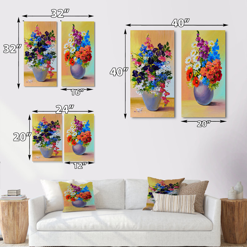 «Still Life Summer Flowers Bouquet II», ensemble de 2 peintures sur toiles, 20" H x 24" W x 1" D, Toile tendue