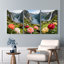Ensemble de 3 toiles murales montées sur châssis représentant un jardin fleuri et un paysage de lac de montagne