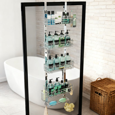 Panier de douche au-dessus de la porte, organisateur de salle de bain suspendu réglable à 5 niveaux avec 28 crochets et 2 porte-brosses à dents, sans tablette de rangement en acier inoxydable