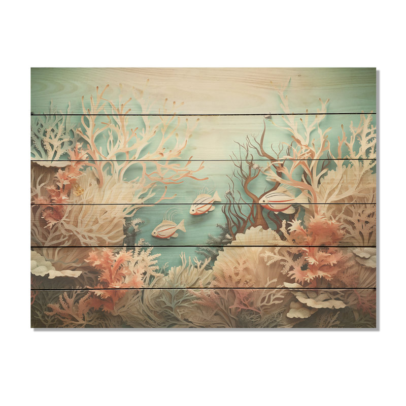 Aquarelle, poisson, danse, collage, corail sous l'eau, art mural sur bois de pin naturel, H 24 po x l 32 po