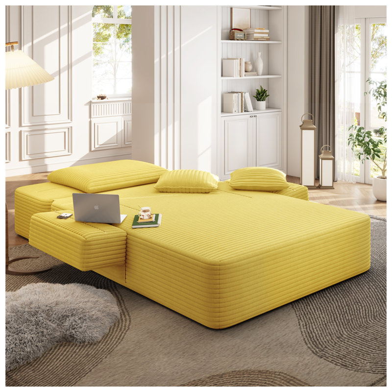 Chaise longue luxueuse en velours côtelé moelleux avec 3 coussins et support à coussins printanier jaune, Jaune