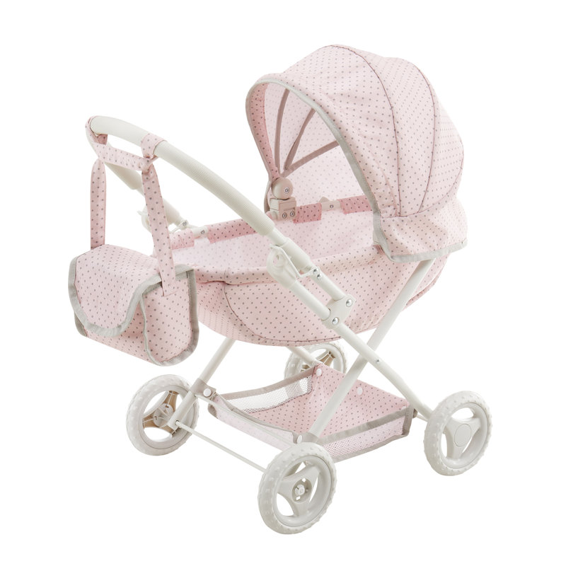 Pink and Gray Polka Dot Baby Doll Pram Stroller with Retractable Canopy