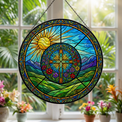 12"H Sun Cross Stained Glass Window Panel