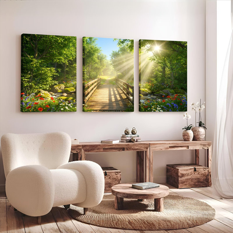 «Sunlight Forest Bridge Floral Landscape», ensemble de 3 reproductions d'art sur toile tendues, 1624