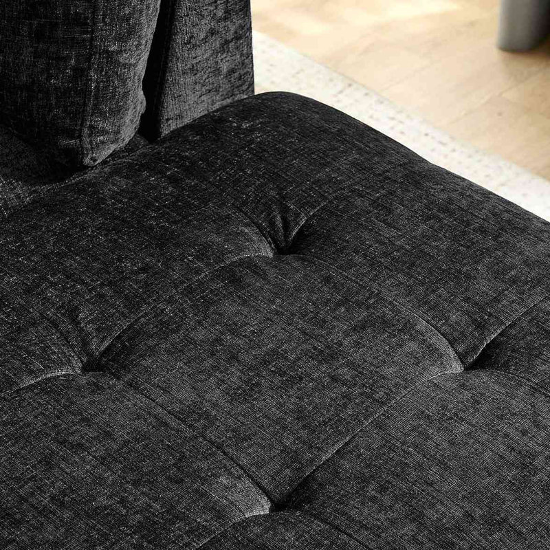 Canapé modulaire 3 places avec méridienne, repose-pieds avec rangement, pieds en métal et clous en cuivre, deux coussins blancs