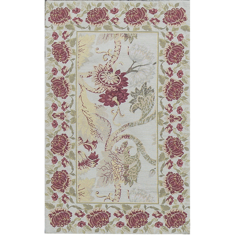Tapis rouge / ivoire / vert noué à la main de conception unique Needlepoint Azm
