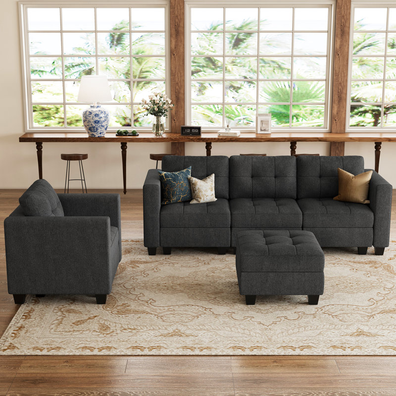 Ensemble de canapé modulaire en lin 3 pièces Ayden Hunsicker, Gris foncé
