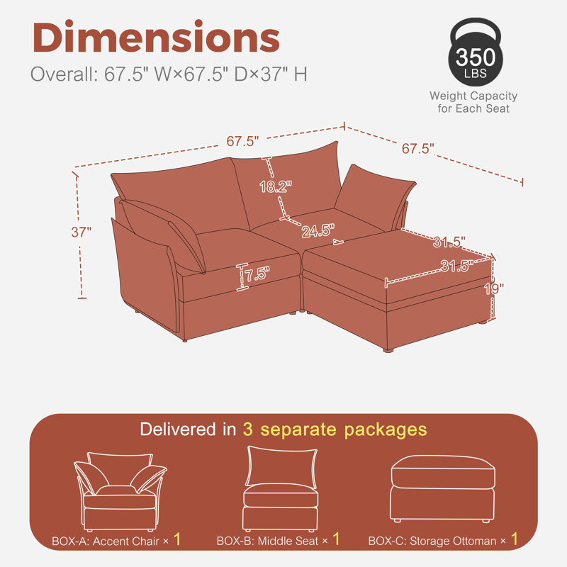 Canapé modulaire réversible de 68 po de large Merchelle avec repose-pieds en tissu chenille de qualité supérieure