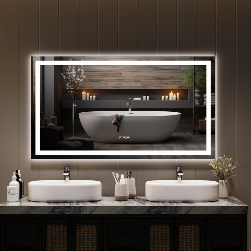 Miroir de salle de bain mural sans cadre à DEL, lumières à intensité variable à l'avant et à l'arrière, température de couleur continue, antibuée, fonction mémoire, verre trempé HD résistant aux chocs, montage horizontal et vertical