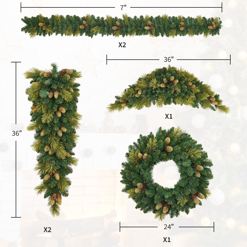 Ensemble de 6 pièces, guirlande de Noël, couronne, guirlandes pour décorations des Fêtes