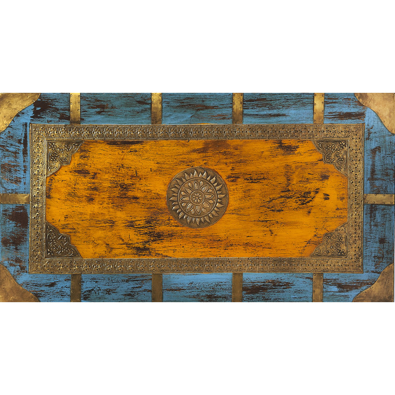 Nador Hand-Painted Brass Inlay Storage Trunk Coffee Table, Blue/Gold