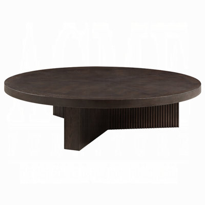 Round Coffee Table, 60 Inch, Espresso Brown Wood, Tri Fluted Legs by Benjara