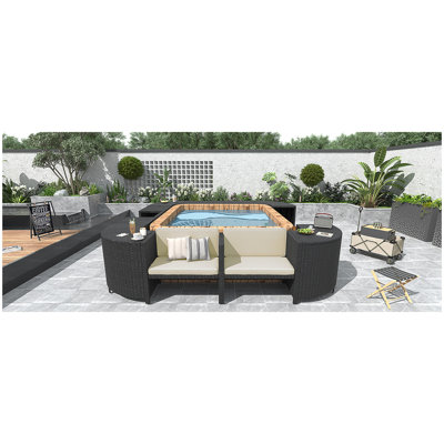 Ensemble de canapés modulaires en rotin pour l'extérieur avec cadre mini spa, sièges en bois et espaces de rangement, beige