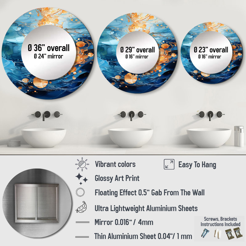 23" Round Blue and Gold Abstract Vanity Mirror