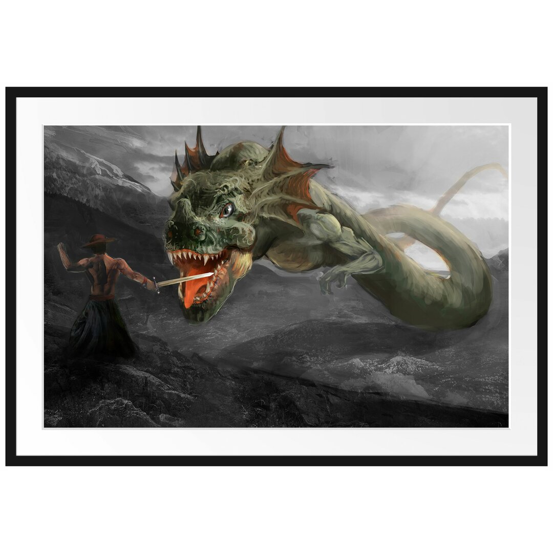 Gerahmtes Poster Drache kämpft gegen Krieger