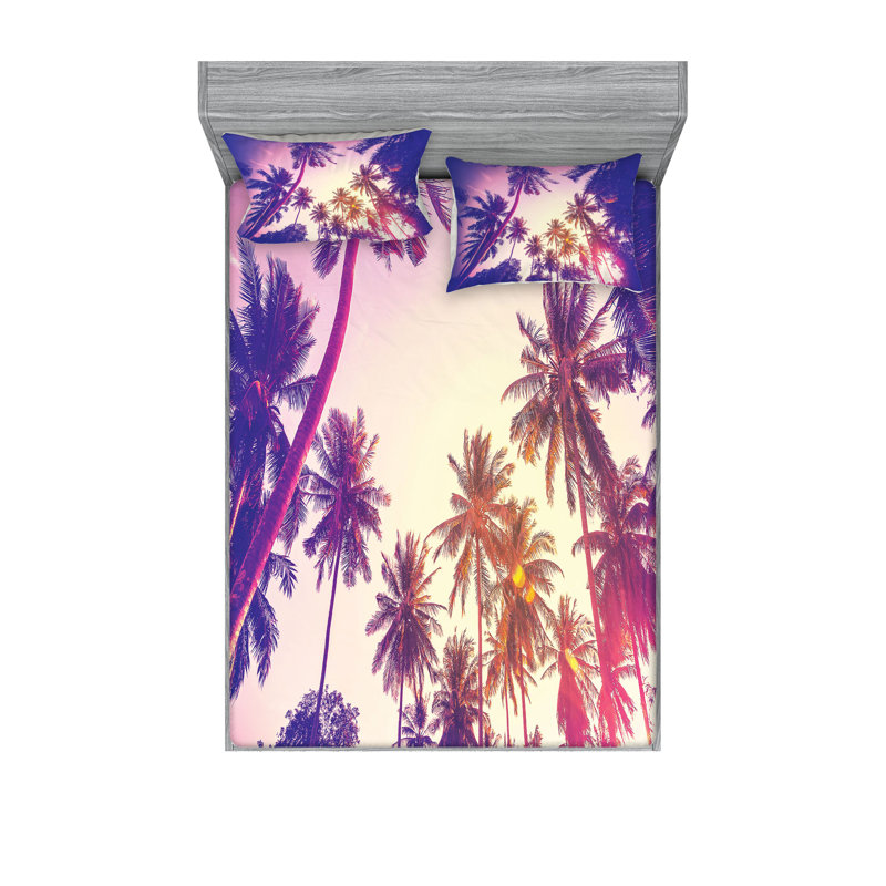 Ambesonne Palm Tree Fitted Sheet & Pillow Sham , Multicolor, Calking Fitted Sheet Set + 4 Pillow Cases
