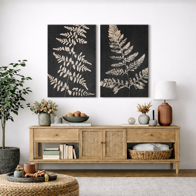 Minimal Botanical "Dark Gray & Tan Leaf Fern Artwork, Neutral Minimalist Modern Rustic Wall Pictures, Framed Canvas Giclee Print 2 Pieces Wall Art Set"