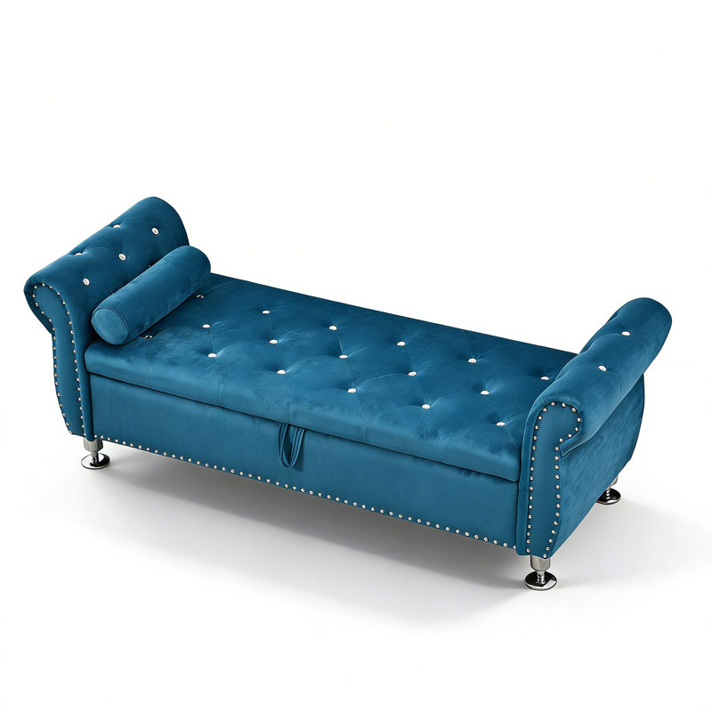 Banc de rangement rembourré avec 1 coussin, Bleu