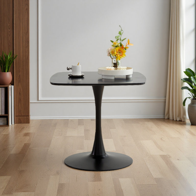 24 Inch Square Tulip Table For 2-4 Person, Modern Mid-Century Small Dining Table With Sturdy Metal Pedestal Base, Black