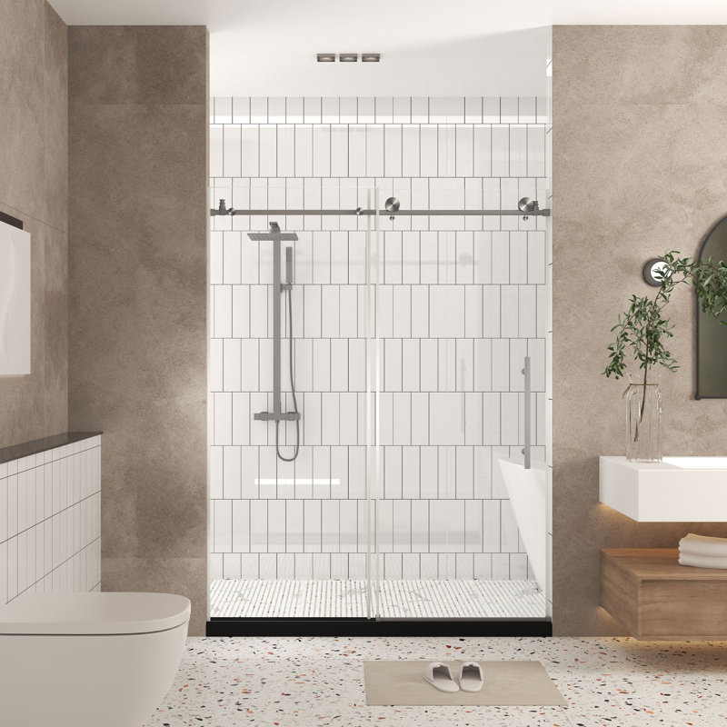 Frameless Shower Door, 1/4 "(6 Mm) Clear Tempered Glass, Explosion Proof Film, Stainless Steel Handle, Brushed Nickel