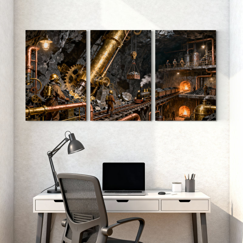«Fantasy & Sci-Fi Steampunk Mine Industrial Machine Scene», ensemble de 3 impressions sur toile, H 30 po x l 60 po