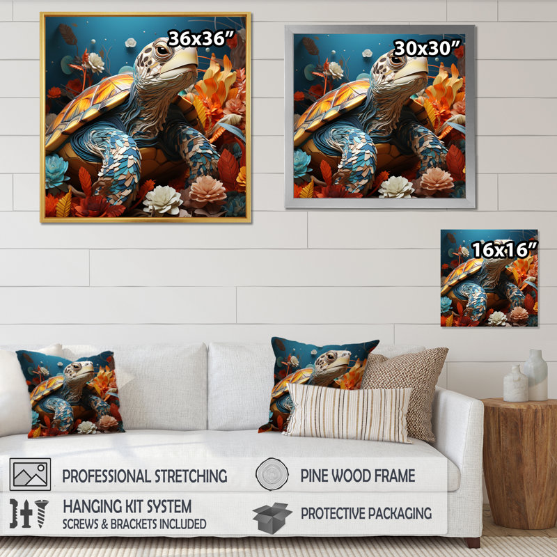 Turtle Journey Coral, impression géométrique sur toile encadrée, H 24 po x l 24 po x P 1 po, Cadre simple noir