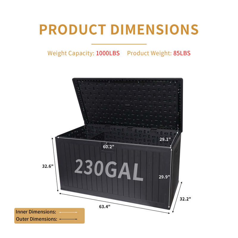 230 Gallon Resin Outdoor Deck Box Waterproof, Extra Large Patio Storage Box With Lockable Storage Containers For Patio Furniture Cushions, Pool Accessories, Garden Tools