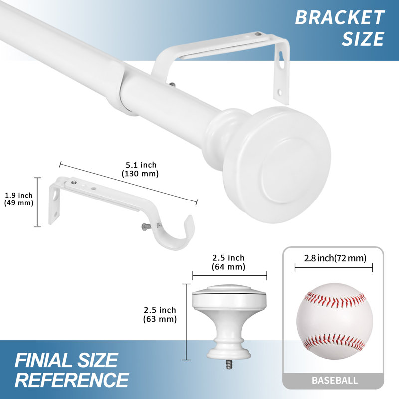Glossy White Adjustable Steel Curtain Rod with Decorative Finials